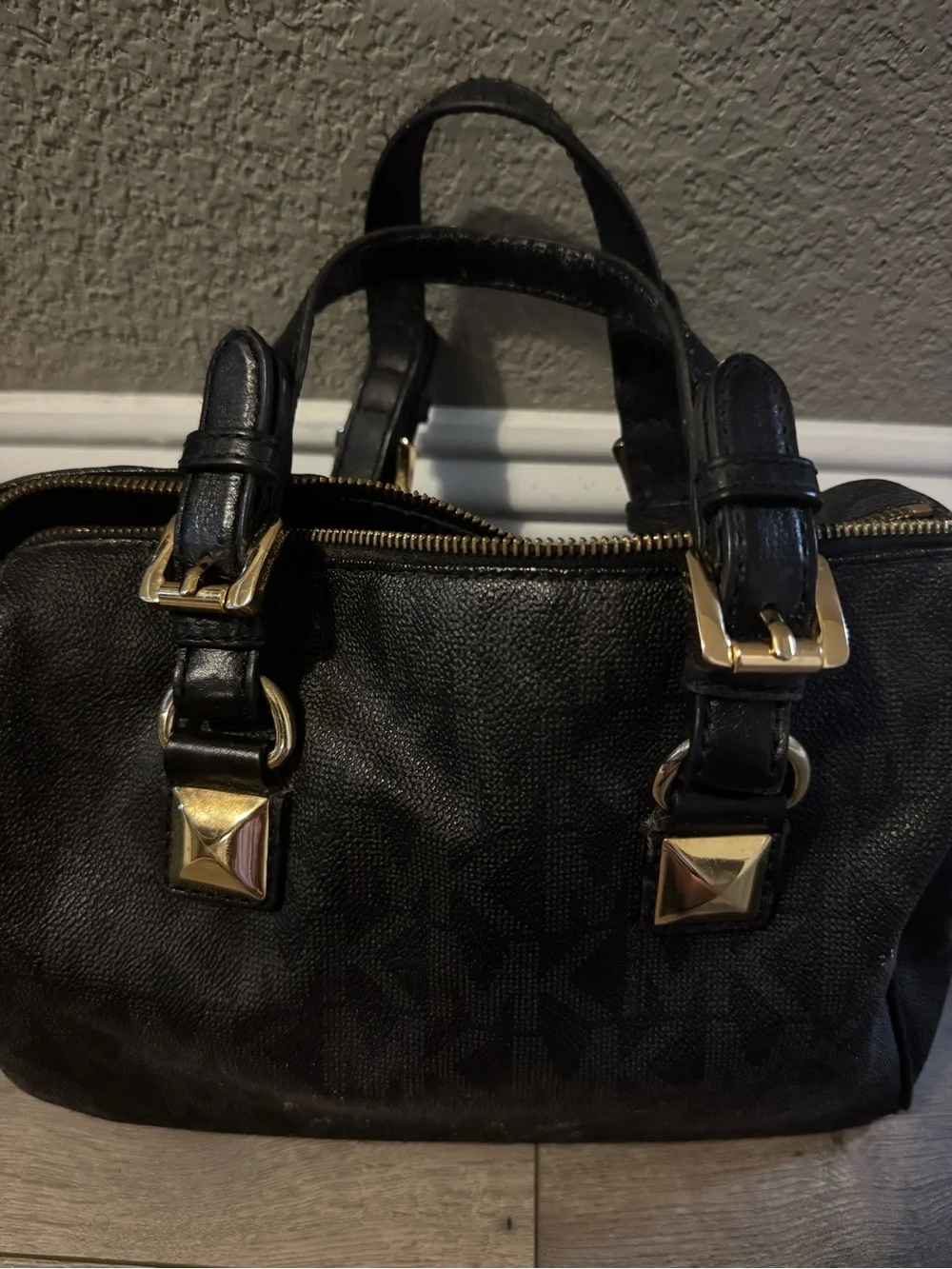 Michael Kors Black Leather Satchel with Gold Logo Charm